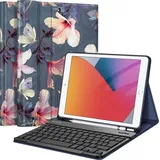 Fintie Tastatur Hülle für iPad 10.2 Zoll (9/8/ 7 Generation - 2021/2020/2019), Schutzhülle mit TPU Rückschale, Pencil Halter und magnetisch Abnehmbarer Tastatur mit QWERTZ Layout, Hibiskus