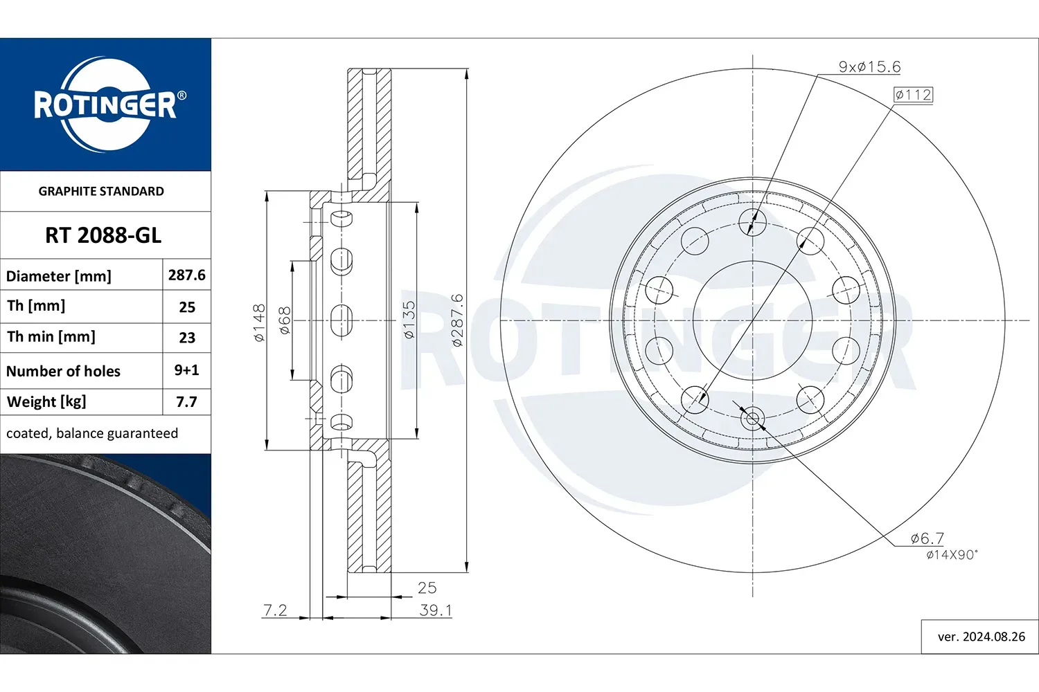 ROTINGER Bremsscheibe rt2088gl Vorderachse 288mm 25mm für Skoda VW Audi SEAT (FAW)