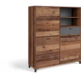 byLIVING Highboard Jackson/großes Sideboard Old Wood Vintage braun / 3-türig braun u. 1 Schubalde in Anthrazit/Wohnzimmerschrank mit 3 Türen und 1 Schubkasten/B 126, H 143, T 40 cm