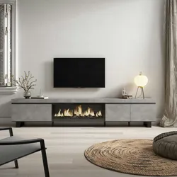 SKRAUT HOME Wohnzimmer-TV-Schrank, Großes Platzangebot, 288x35x57cm, großformatiger Fernseher, elektrischer XXL-Kamin, Industriedesign, Farbe Zementgrau - 496_55