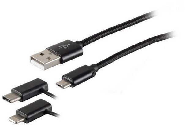 S/CONN maximum connectivity® 3in1 Ladekabel MicroB/ Typ C/ 8-pin Stecker 1m Smartphone-Kabel, (100 cm) schwarz