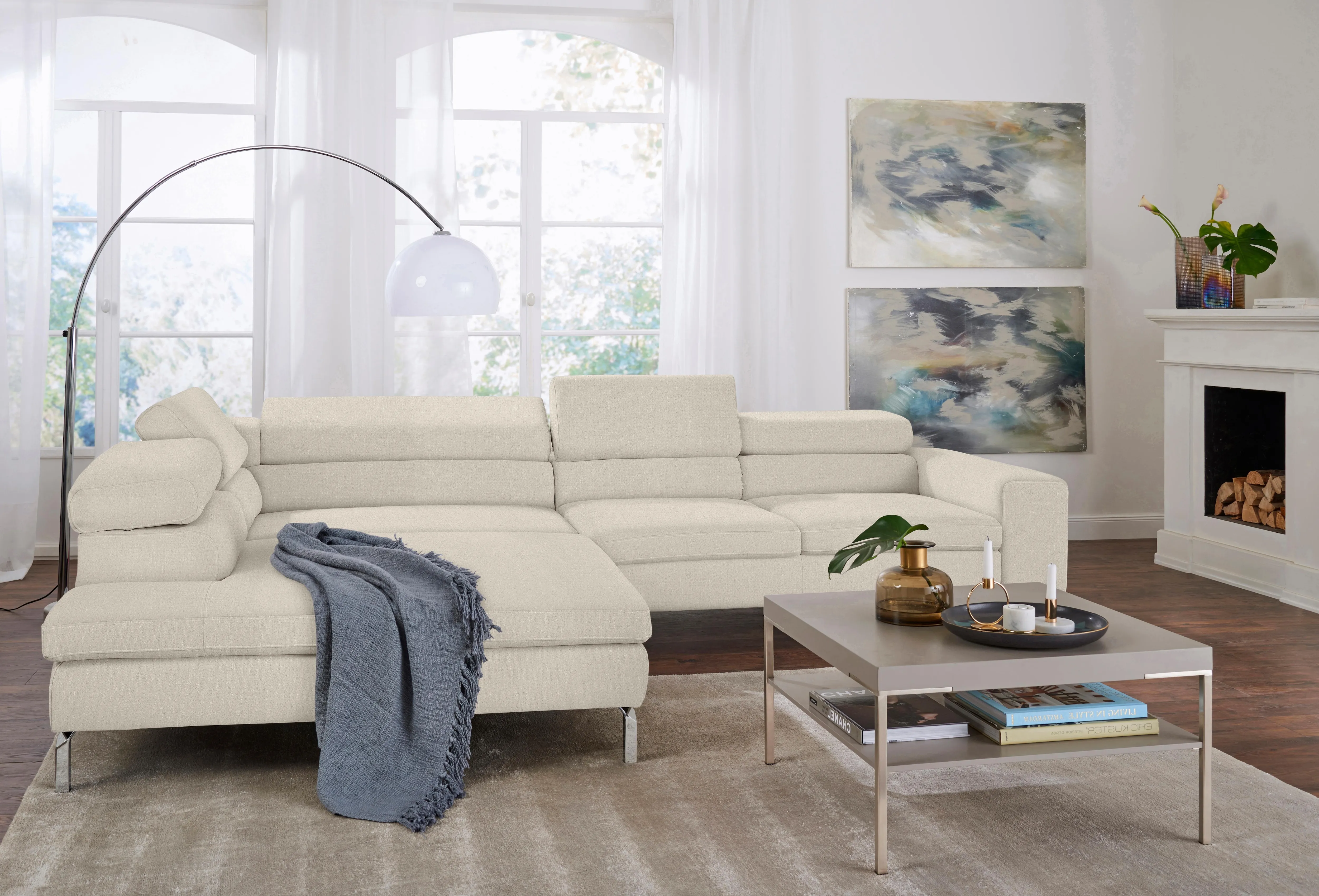 Ecksofa GALLERY M BRANDED BY MUSTERRING "Felicia L-Form" Sofas Gr. B/H/T: 309 cm x 69 cm x 215 cm, Flachgewebe FLORIS, Ottomane links, ohne Sitzvorzug, beige (beige floris) mit Metallfuß, wahlweise manuellem oder motorischem Sitzvorzug