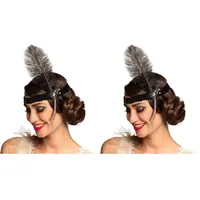 Boland 00620 - Stirnband Flapper, schwarz, Pailletten, Gummiband, Feder, weiße Perlen, Charleston, 20er Jahre, Chique, Karneval, Halloween, Fasching, Mottoparty, Verkleidung, Theater (Packung mit 2)