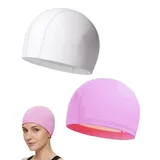 Luxorium 2er-Set Badekappen Damen Herren Erwachsene Weiß Rosa, weiche elastische PU-Schwimmhaube für langes Haar, leichte Unisex-Badekappe