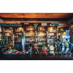 Fototapete PAPERMOON "BAR-VINTAGE RETRO BISTRO PUB ALKOHOL FLASCHEN DESIGN", bunt, B:3,00m L:2,23m, Vlies, Tapeten