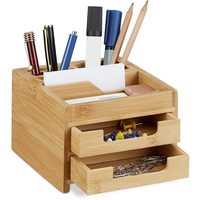Relaxdays Schreibtisch Organizer Bambus, Stiftehalter Holz, Schreibtischbox Schubladen, HxBxT: 9,5 x 12,5 x 15 cm, natur