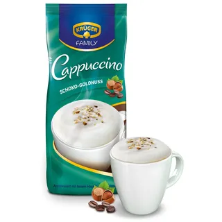 KRÜGER Family Cappuccino Schoko-Goldnuss, aromatisiertes Getränkepulver mit löslichem Bohnenkaffee, koffeinhaltig, 500 g Beutel