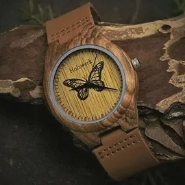 Holzwerk Germany Holzwerk MONARCH Damen Holz Leder Armband Uhr mit Schmetterling Muster, braun