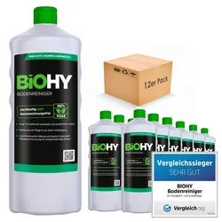 BiOHY Bodenreiniger (12x1l Flasche) | Konzentrat für alle Reinigungsgeräte und alle Hartböden | Angenehmer Geruch und streifenfreie Reinigung