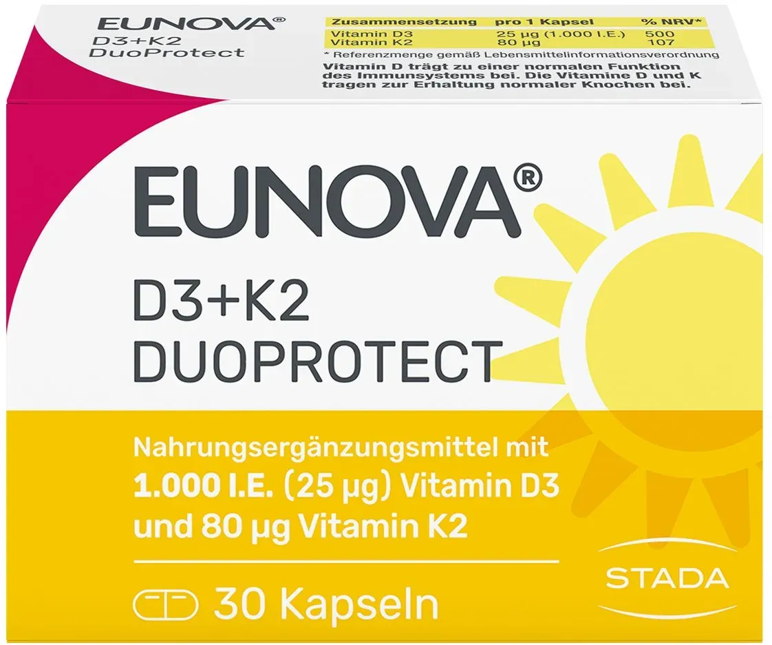 Eunova® D3 + K2 DuoProtect – 1.000 I.e.  Nahrungsergänzungsmittel zur normalen Funktion des Immunsystems & Erhaltung normaler Knochen