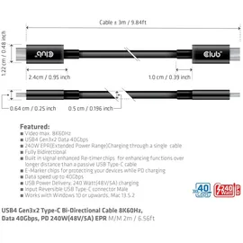 Club 3D USB4 Gen3x2 Type-C Bi-Direktionale Kabel 3m