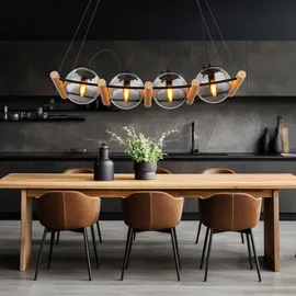 GLOBO Pendellampe 4-flg. 75 cm Rauchglas Metall schwarz Holz braun
