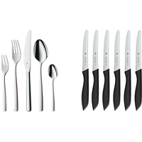 WMF Boston Besteck Set 12 Personen, Essbesteck 60 teilig, Monobloc-Messer, Cromargan Edelstahl poliert & Classic Line Frühstücksmesser Set 6-teilig, 23 cm, Brötchenmesser Wellenschliff, schwarz