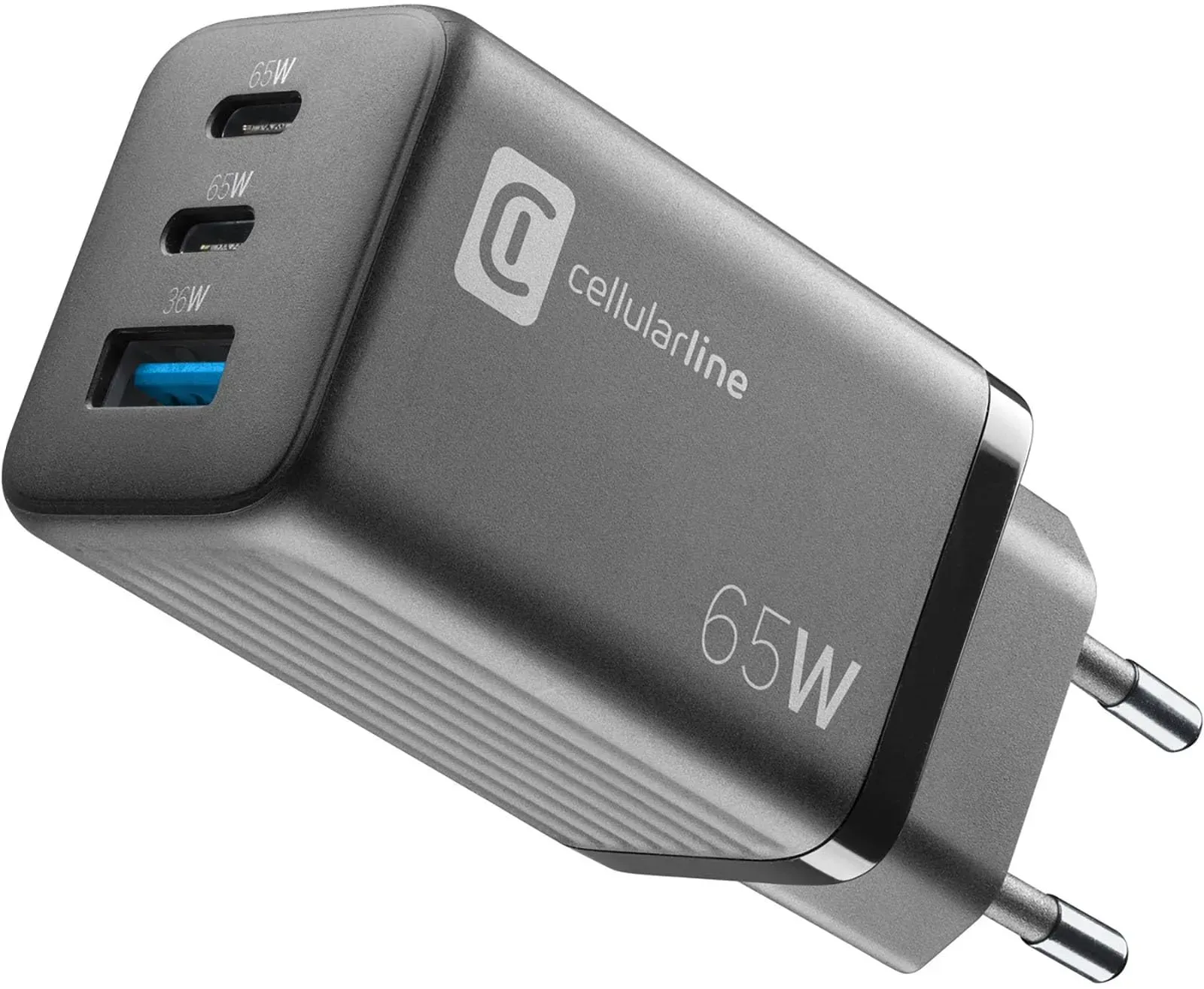 Cellularline | Multipower Micro Netzladegerät | Super Fast Charger 65W mit 3 USB-C-Anschlüssen - ausgestattet mit Gan-Technologie - Kompatibel mit Smartphones, iPhone, Tablet, iPad, Laptop und MacBook