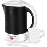 Aigostar Cooltravel 30JQL Kompakter Reisewasserkocher 650W, Camping Kleiner Wasserkocher Inklusive 2 Tassen und 2 Teelöffel, Abschaltautomatik mit Trockenschutz, Shwarz.