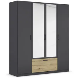 Rauch Möbel BARI Drehtürenschrank 4-türig, Kleiderschrank Grau-Metallic/Eiche Artisan, 1 Schublade, mit Spiegel, 181x210x54cm