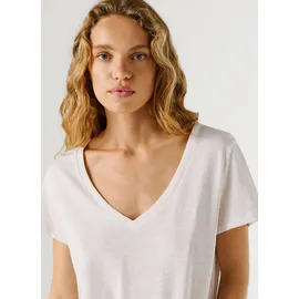 Pepe Jeans T-Shirt PEPE JEANS "MEGAN V-NECK", Damen, Gr. S, weiß, Leinenmischung, Obermaterial: 50% Baumwolle, 50% Leinen, unifarben, hüftlang, V-Ausschnitt, abgesteppte Kante, Shirts T-Shirt, im Materialmix mit Leinen
