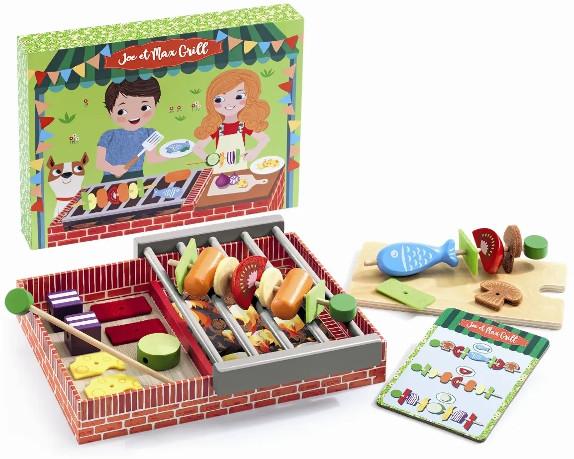 Djeco Joe & Max' Grillbar Grillspielset aus Holz, mehrfarbig - Mit Rezeptkarten, Grillspießen, Aufbewahrungsbox, ab 3 Jahren