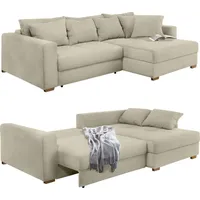 luma-home Schönes für Dein Zuhause Dauerschlaf-Ecksofa mit Federkernpolsterung 288x186 cm, Federkern Bettkasten, Ottomane beidseitig montierbar, Cord Beige Grau / 15154