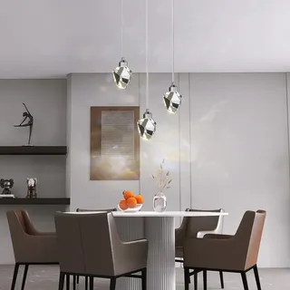Moderne Kristall Pendelleuchte, 3-Farbige LED Kristall Pendelleuchte, Höhenverstellbare Silberne Decken Hängelampe, Für Kücheninsel Schlafzimmer Wohnzimmer Esszimmer (3-Köpfiger Runder Sockel)