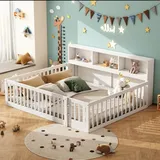 SOFTWEARY Kinderbett mit Lattenrost, und Zaun, 140x200 cm, Jugendbett, Rausfallschutz, Stauraum, Kiefer Weiß