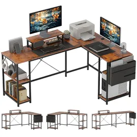 Homcom Schreibtisch 168 x 120 cm Eckschreibtisch mit Ablagefächern, Aufbewahrungstasche Umkehrbar Computertisch mit Monitorständer