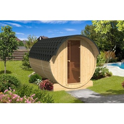 Finn Art Blockhaus Fasssauna Kari 1, 42 mm, Schindeln grün, Outdoor Gartensauna, ohne Ofen mit Vorraum, Bausatz grün