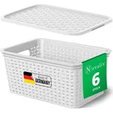 Novaliv 6er Set Aufbewahrungsboxen mit Deckel Mini 1L Korb Weiß in Rattan Design Lebensmittelecht Aufbewahrungskorb Stapelboxen Nestbar Kunststoff BPA-frei Kiste Verstaubboxen mit Deckel