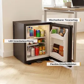 First Austria TZS First Austria - Mini Kühlschrank 30L komplett lautlos - wechselbarer Türanschlag & Innenbeleuchtung - Mattschwarz - Schwarz