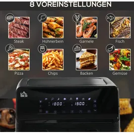 Homcom Dual Zone Heißluftfritteuse 8-in-1 8 L Airfryer 2 Kammern mit Sichtfenster, 2500W Heissluftfritteuse mit Innenbeleuchtung, Timer, 80-200°C, - Schwarz