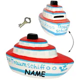 alles-meine.de GmbH große Spardose - 3-D Effekt Traumschiff - Schiff - incl. Name - mit Schlüssel - stabile Sparbüchse aus Porzellan/Keramik - Sparschwein - für Kinder & ..