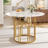 STILVORA Esstisch für vier Personen,Runder Küchentisch mit goldene Tischbeine aus Metall,Kaffeetisch mit MDF-marmorierte-Tischplatte - Weiß