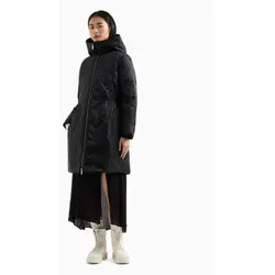Armani Exchange für Damen. XW000211AF10852FC040 Knielanger Steppmantel mit Kapuze aus schwarzem, tonalem Jacquard-Muster (S), Lässig, Polyam