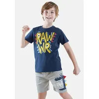 Denokids Hausanzug Rawr (2 tlg) mit aufgedrucktem Schriftzug blau 128 (8Y)