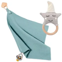 nordic coast company Schnullertuch Mint Rasse Natur Baby Geschenk Lätzchen Set + Rassel Weiss