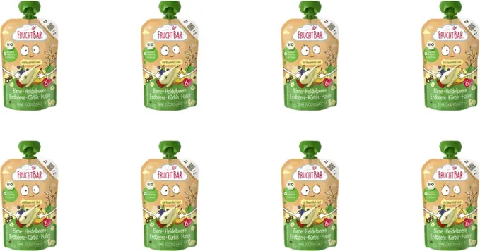 FRUCHTBAR – Bio Frucht- & Gemüsepüree Birne, Heidelbeere, Erdbeere, Kürbis & Hafer 8x 100g – Ohne Zuckerzusatz – Ab 6 Monaten – Glutenfreier Hafer