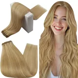 RUNATURE Haarverlängerung Echthaar Tressen Blond Highlight 55cm Echthaar Tressen Zum Einnähen Lang Menschliches Haar Tressen Echthaar Goldblond Highlight Hellblond 100g #16P24