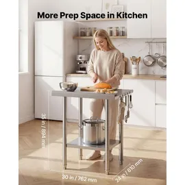 Vevor Edelstahltisch Gastro 762 x 610 x 894 mm, Verstellbarer Edelstahltisch mit Aufkantung, Arbeitstisch mit Grundboden für Restaurant Schwerlast Obere Ablage (204 kg) Untere Ablage (168 kg)