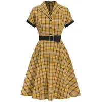 Minetom Damen Kariert Cocktailkleid Vintage V Ausschnitt 3/4 Ärmel Retro Hepburn Midi Cocktailkleider Retro Rockabilly Swing Kleider Kariertes Midikleid E Gelb S - S