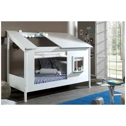 Baumhaus Bett 90 x 200 cm Liegefläche, inkl. Vorhang Set, offenes Dach in Weiß