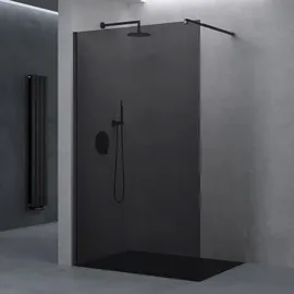 doporro Luxus Duschwand für Dusche Duschabtrennung 140x200cm Schwarz Walk-In Dusche 10mm ESG-Sicherheitsglas vollgrau inkl. Nanobeschichtung Bremen02VG
