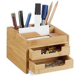 relaxdays Schreibtisch-Organizer braun Bambus 2 Stifteboxen, 2 Schubfächer, 1 flaches Fach Fächer 12,5 x 15,0 x 9,5 cm