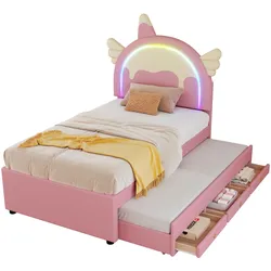 Merax 90*200cm Polsterbett, ausgestattet mit ausziehbares rollbett, PU-Material,Rosa