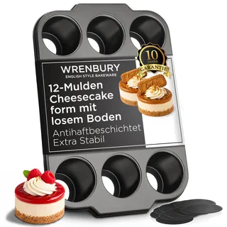 Wrenbury Mini Käsekuchenform 12er mit Losem Boden – Antihaft Karbonstahl Törtchen Formen PFOA-Frei – Kuchenform Ofenfest bis 230°C – für Cheesecake, Muffins & Törtchen