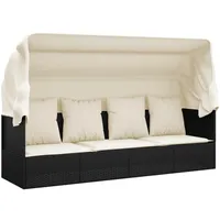 vidaXL Outdoor Loungebett, Verstellbar Gartensofa mit Kissen Dach, Sonnenliege mit Stahlrahmen, Relaxliege Lounge Sofa, Schwarz Poly Rattan
