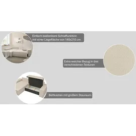 Andas Ecksofa »Finnley Schlafsofa 267 cm in Bouclé, Struktur fein u. Cord, L-Form,«, Schlaffunktion m. Bettkasten (136/210 cm), Bouclé, Struktur und Cord weiß