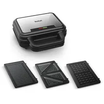 Tefal UltraCompact 3-in-1 Sandwich-Waffel-Panini Kombigerät, Antihaftbeschichtung, wärmeisolierter Griff, Edelstahl/Schwarz, SW383D10