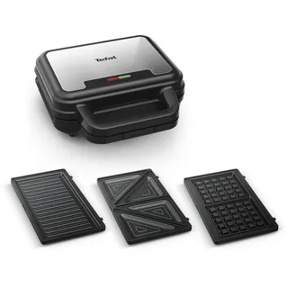 Tefal UltraCompact 3-in-1 Sandwich-Waffel-Panini Kombigerät, Antihaftbeschichtung, wärmeisolierter Griff, Edelstahl/Schwarz, SW383D10
