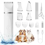 Hoofun 4 in 1 Leise Hundeschermaschine, IPX7 Wasserdicht Profi Schermaschine Hund Katze mit 4 Größen Trimmerkopf, Schnurlosen Elektrische Tierhaarschneidemaschine für Hunde Katzen Kaninchen(Weiß)