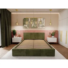 Muralo Polsterbett für Schlafzimmer Polsterbett mit Bettkasten und Gasdruckfeder Bett mit Polsterkopfteil Doppelbett 140x200 Bett mit Stauraum Khaki